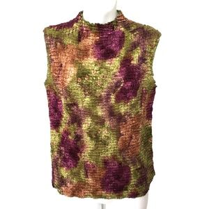 Sydney Easton Top Crinkle Stretch Purple Green Cap Sleeve High Neck Sz LSydney E